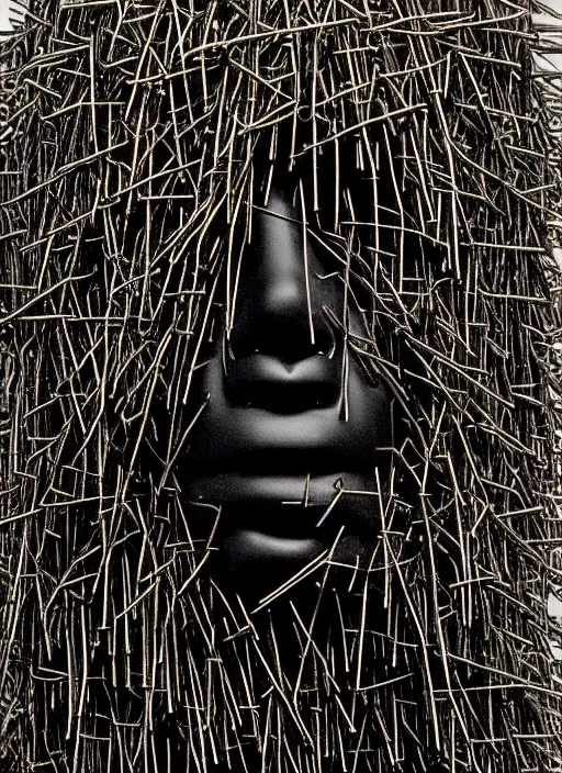 Image similar to realistic photo of a full - height model of human head made of black rubber realistic made of black clay, covered in very very long hay spikes needles, center straight composition, 2 0 0 0, life magazine photo, museum archival photo