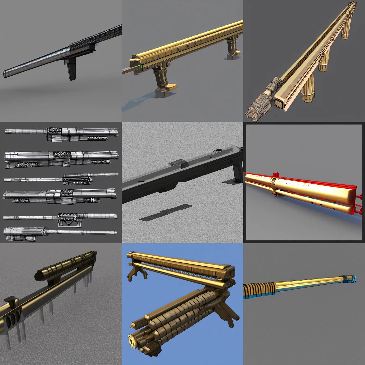 Prompt: Railgun with four barrels, 3d model, metallic