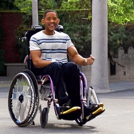Prompt: will smith smiling in a wheelchair, movie still