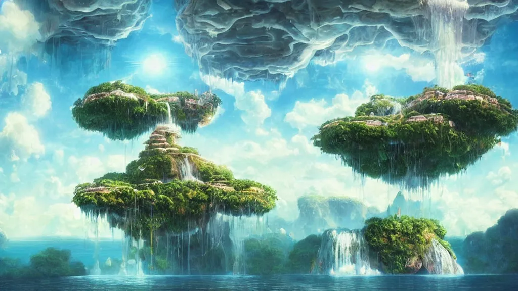 Image similar to floating islands with waterfalls connecting each other whimsical surrealism, based on child's drawing, lsd trip, dream recording, deep - space imaging fantastical setting isometric view octane render, art by salvador dali, greg rutkowski studio ghibli