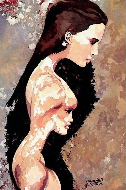 Prompt: elegant romantic portrait of natalie portman by jeffery catherine jones and frank frazetta