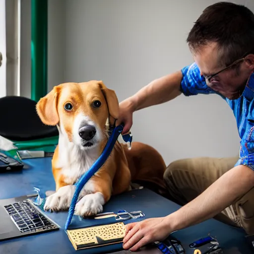 Image similar to detailed photo of a dog fixing an open CPU with tools in hands, dlsr photo