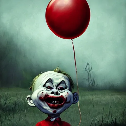 Image similar to grunge cartoon landscape painting of chucky with a wide smile and a red balloon by - michal karcz, loony toons style, pennywise style, horror theme, detailed, elegant, intricate