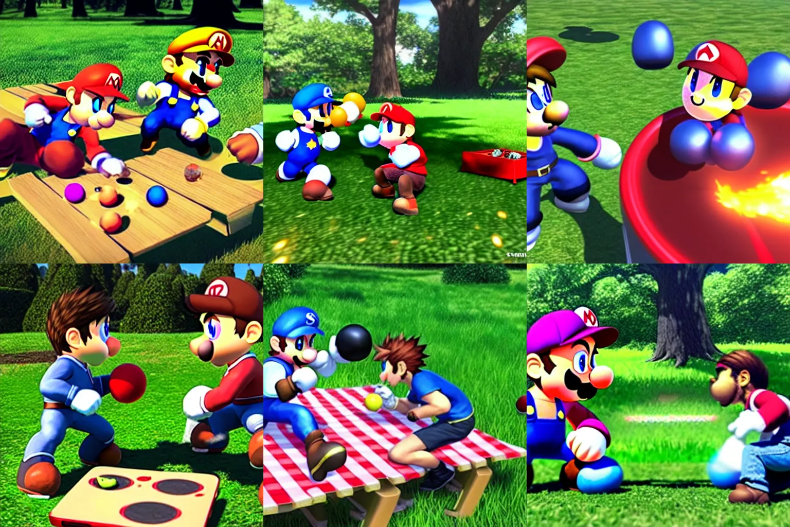 Prompt: hyperrealistic smash bros in real life picnic