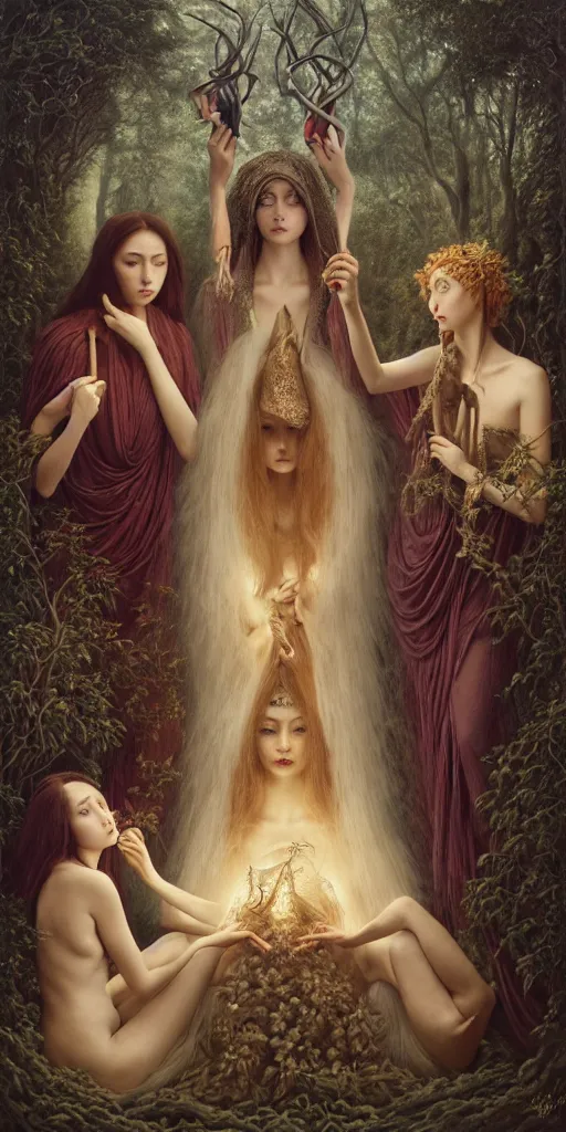 Image similar to the three fates cutting threads with scissors, forest, moonlight, gemma chen, madison beer, angela sarafyan, pinup, intricate beautiful faces, surrealistic painting by agostino arrivabene, artgerm, vanessa beecroft, anka zhuravleva, mary jane ansell, peter mohbacher, gerald brom