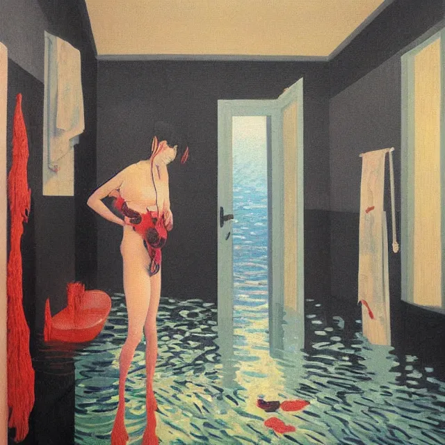 Image similar to tall female emo artist in her flooded bathroom, water gushing from ceiling, painting of flood waters inside an artist's bathroom, a river flooding indoors, pomegranates, pigs, ikebana, water, octopus, river, rapids, waterfall, black swans, canoe, berries, acrylic on canvas, surrealist, by magritte and monet