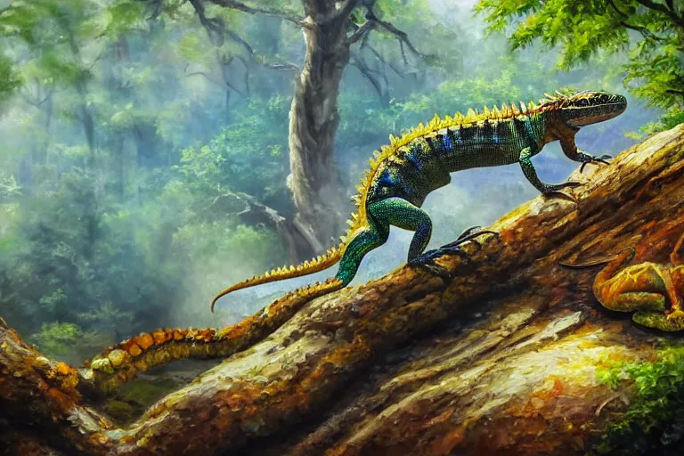 Image similar to highly detailed oil painting of a crytal lizard sitting in a steaming colorful hotspring with woodland forest backdrop, featured on artstation