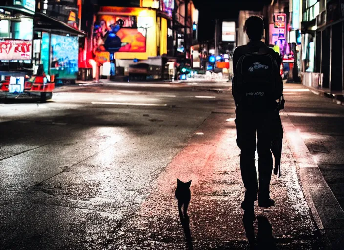 Image similar to photography of a Cat carrying a backpack . in a cyberpunk street. award winning photo, led lighting, night, 24mm, sharp, high res