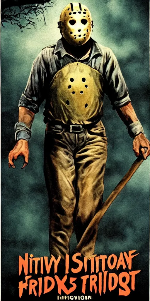 Image similar to vintage friday the 1 3 th movie poster, cinematic lighting, vivid vintage coloring