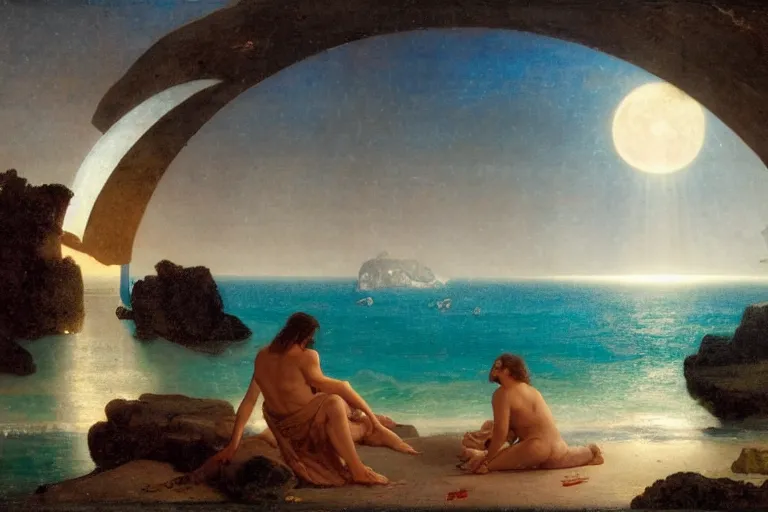 Image similar to The beach arch, refracted moon on the ocean, thunderstorm, greek pool, beach and Tropical vegetation on the background major arcana sky and occult symbols, by paul delaroche, hyperrealistic 4k uhd, award-winning, very detailed paradise