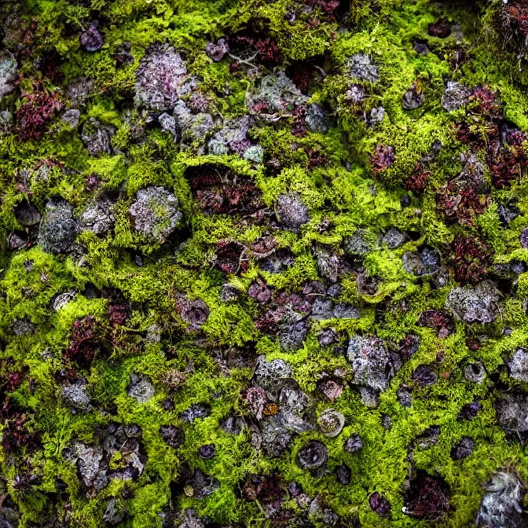 Image similar to a lichens and moss close-up various fungus, mushrooms and plants, inside the picture is infinity, Atmospheric phenomenon, artistic photography, muted colors, conceptual, long exposure outside the city, volumetric light