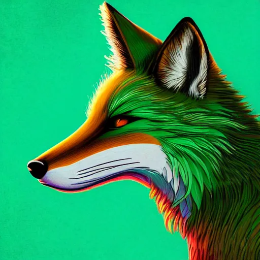 Prompt: green, digital fox, retrowave palette, digital world, highly detailed, electric breeze, anatomically correct vulpine, synth feel, fluffy face, ear floof, flowing fur, super realism, accurate animal imagery, 4 k digital art