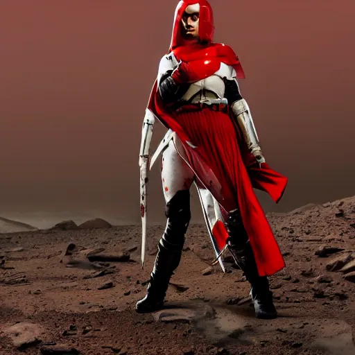 Image similar to a young female soldier wearing blood - spattered glossy sleek white dinged scuffed armor and a long torn red cape, heroic posture, determined expression, elegant, battle weary, no helmet, on the surface of mars, dramatic lighting, cinematic, sci - fi, hyperrealistic, detailed