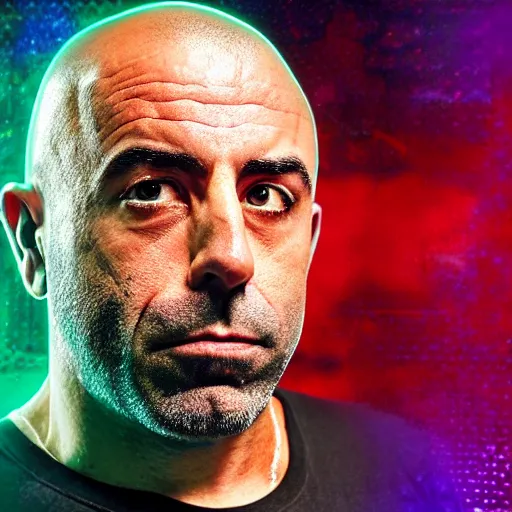 Prompt: a portrait of joe rogan with a psychedelic background with bokeh