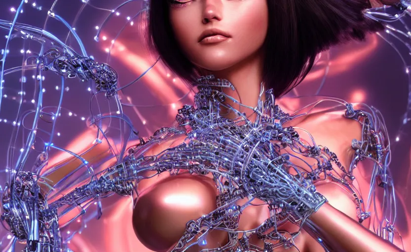 Prompt: beauty woman alita wrapped in wires, surrounded by holograms, very detailed, dramatic lighting, detailed mechanical hands, electrical details, high details, 4k, 8k, trending on artstation, by Hajime Sorayama and Boris Vallejo