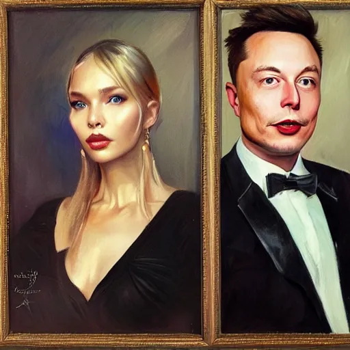 Prompt: Portrait of sasha luss and elon musk, in the style of Konstantin Razumov, extremely detailed