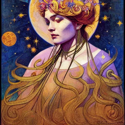 Prompt: queen of the moon with stars in her hair, by nicholas roerich and annie swynnerton and donato giancola and dulac, dramatic lighting, god rays, geometric tattoos, rich colors, smooth sharp focus, extremely detailed, leo and diane dillon, adolf wolfli