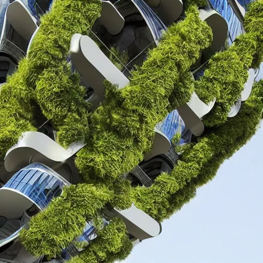 Image similar to highly detailed futuristic modern buildings with plants growing all over