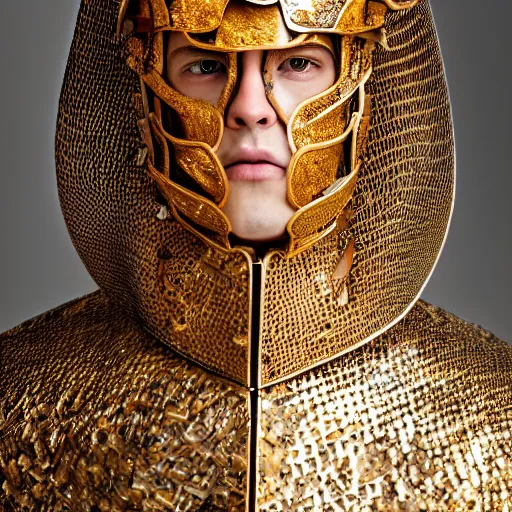 Prompt: a portrait of a beautiful young male wearing an alexander mcqueen armor made of caramel, photographed by andrew thomas huang, artistic