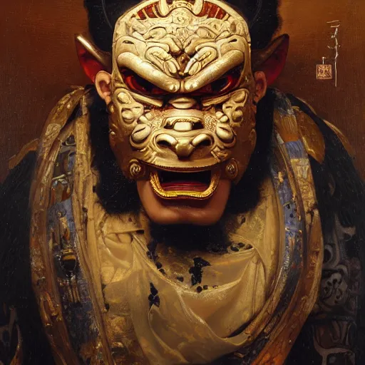 Image similar to highly detailed oil painting | very intricate | cinematic lighting | award - winning | a mosaic of oni samurai masks | by roberto ferri, by tom bagshaw, by j. c. leyendecker and klimt, beautiful cinematic light, american romanticism, by austin osman spare, artstation, cgsociety, official art, octane