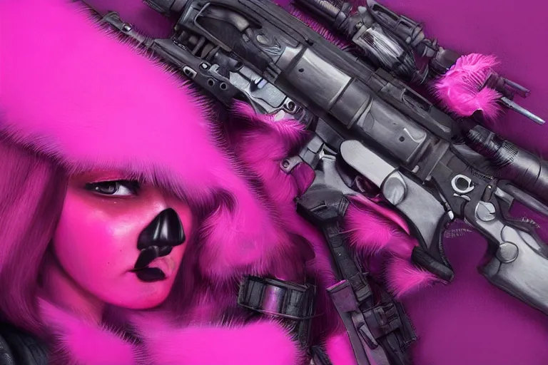 Prompt: a girl's gun made with pink fur, cyberpunk, fashion style, hyperdetailed, artstation