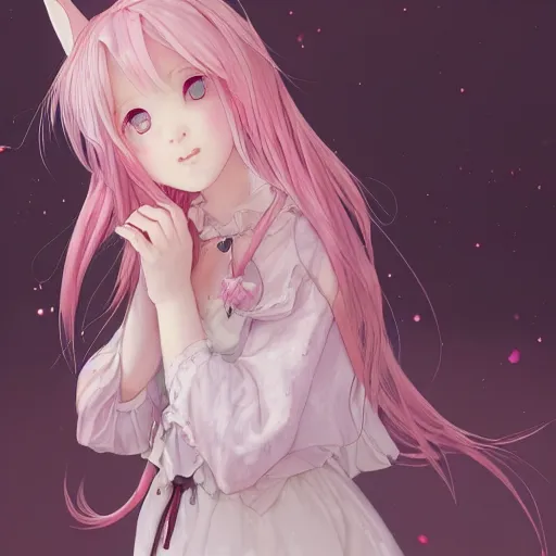 Image similar to very beautiful!!!!!! digital painting of a blushing pink-haired rabbit girl masterpiece!!!!!!, neko, maid, wlop, cinematic lighting, highly detailed, digital painting, artstation, concept art, smooth, sharp focus, illustration, art by Akihiko Yoshida, Greg Rutkowski and Alphonse Mucha 4k, 8k, ultra HD, render in octane