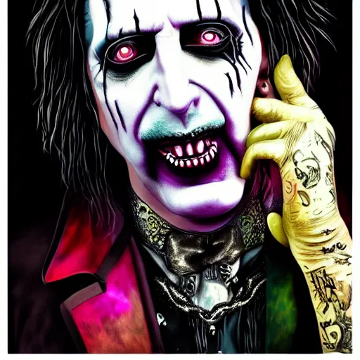 Image similar to an extremely psychedelic portrait of alice cooper as marilyn manson, surreal, lsd, face, detailed, intricate, elegant, lithe, highly detailed, digital painting, artstation, concept art, smooth, sharp focus, illustration,