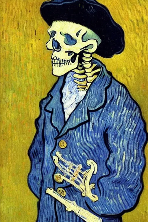 Image similar to 4k detailed painting by Van Gogh of a skeleton sailor (skeleton dressed like 19th century sailor in heavy wool coat, loose tie, shirt, and crooked crumpled hat, smoking cigarette), white and blue skeleton on a yellow background