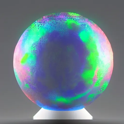 Prompt: moon sculpture made of irredentist glass, oil slick colors, rendered in cinema 4 d