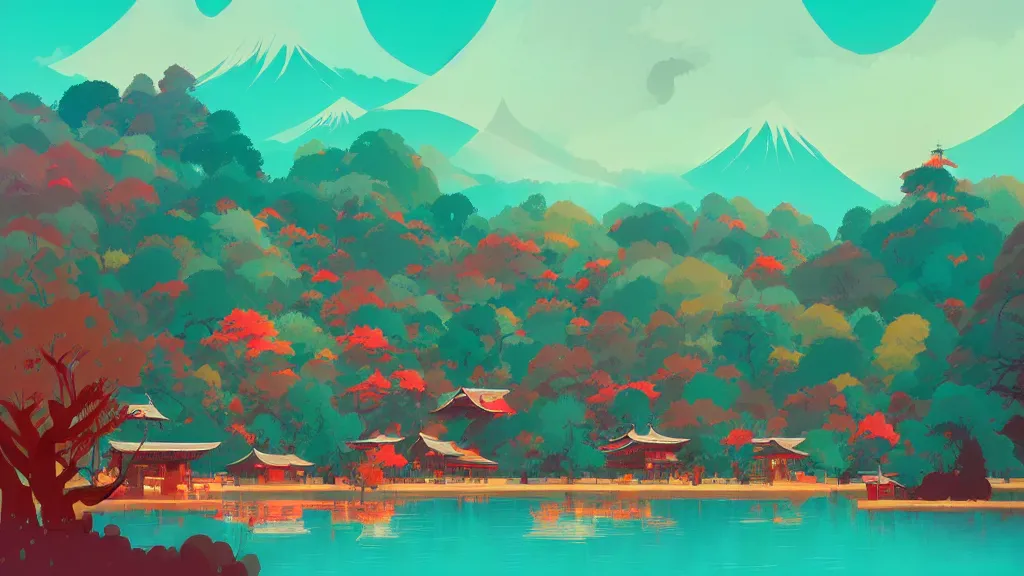 Prompt: japanese village, fruit market, trees, and lake, by anton fadeev