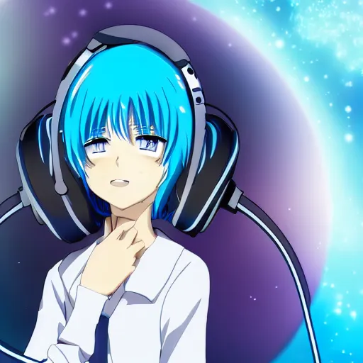 Prompt: Anime key visual of a beautiful girl with blue hair and blue eyes wearing headphones with galaxy background, official media, 4k, very beautiful