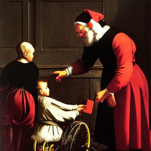 Image similar to Father Christmas giving gold coins to disabled girl Painted by Caravaggio