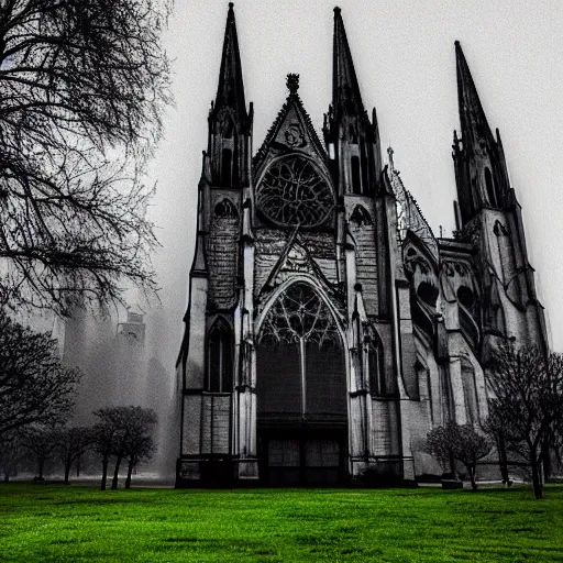 Image similar to gothic cathedral, etherial mist, scary