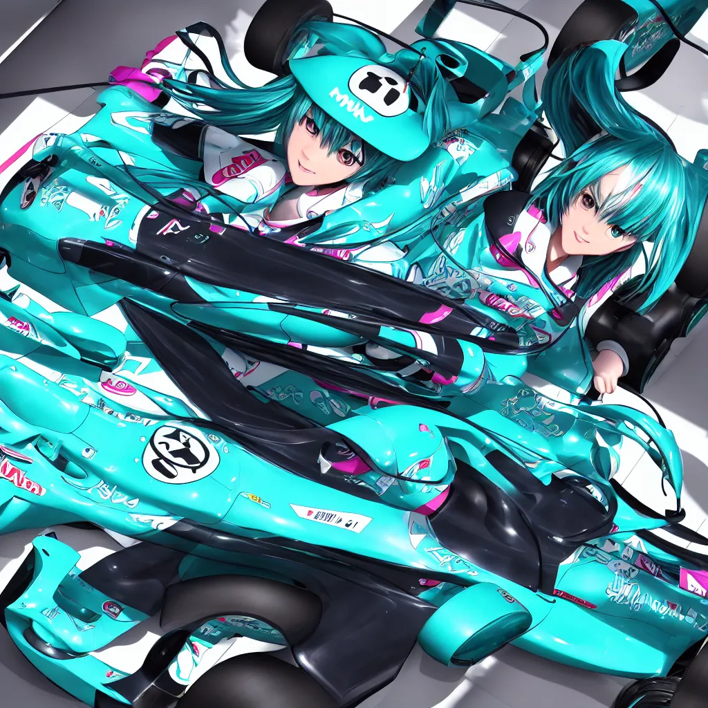 Image similar to hatsune miku driving an f 1 racecar photorealistic high resolution