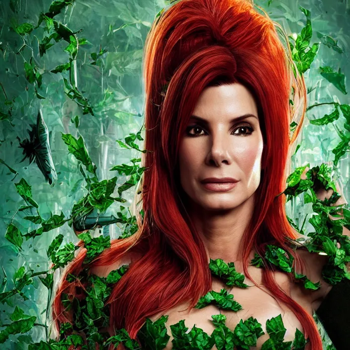 Image similar to portrait of Sandra Bullock as a Poison Ivy in Batman & Robin 1997. intricate artwork. by Tooth Wu, wlop, beeple, dan mumford. octane render, trending on artstation, greg rutkowski very coherent symmetrical artwork. cinematic, hyper realism, high detail, octane render, 8k