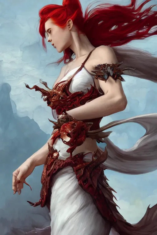 Image similar to fullbody!! dynamic action pose, beautiful woman with red hair ponytail, small red dragon wings on her head, white woollen dress, dnd, face, fantasy, intricate, elegant, highly detailed, digital painting, artstation, concept art, smooth, sharp focus, illustration, art by artgerm and greg rutkowski and alphonse mucha