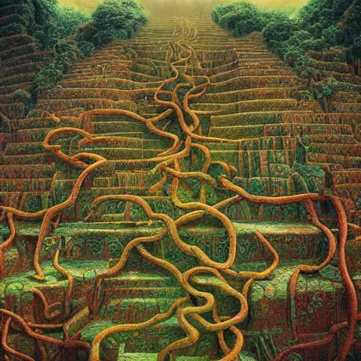 Image similar to intricate stunning highly detailed illustration of the inca lost city of gold, red 🌱, by agostino arrivabene and vladimir kush, blood blood blood rivers running through stairs, surreal, digital painting, ultra realistic, dramatic lighting, twisted vines, lush plants, gold, inca, pristine water, artstation