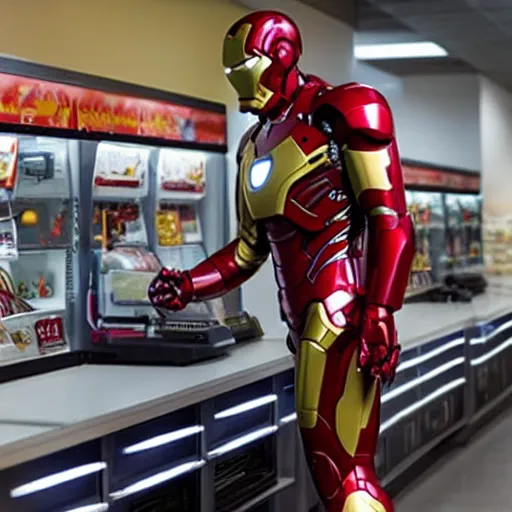 Image similar to Iron Man working as a 7/11 cashier using a red laser scanner, cash register, red laser scanner, wide wide shot, very detailed, beautiful lighting, smoke