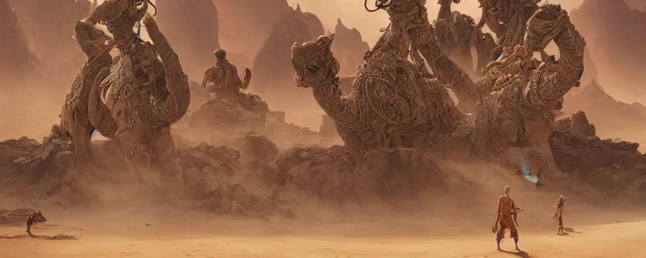 Prompt: painting of guardians of the ancient camel temple, sandstorm, dabs dunes, camel god, barren sands, desolate, forgotten, by ArtGerm and Justin Cheung and Makoto Shinkai, insanely detailed and intricate, ornate, elegant, award winning, vermillion and cyan