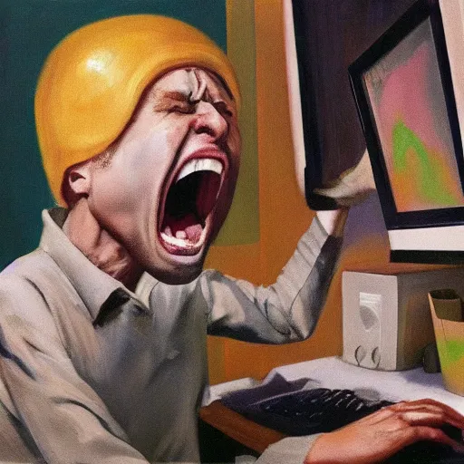 Image similar to an angry man screams at his computer monitor, oil on canvas, 1 9 6 7, highly detailed