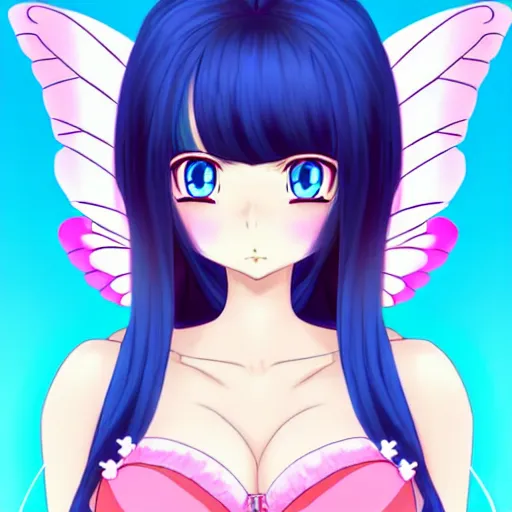 Prompt: full body cute bombshell anime waifu woman with long black hair, blue eyes, pink romantic tutu, butterfly wings. symmetrical face. symmetrical detailed defined eyes. dance hall background.