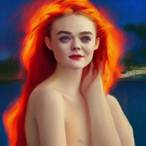 Image similar to professional painting of Elle Fanning on the beach surrounded by bright orange fire in the style of Delphin Enjolras, head and shoulders portrait, symmetrical facial features, smooth, sharp focus, illustration, intricate, stormy weather, extremely detailed masterpiece,