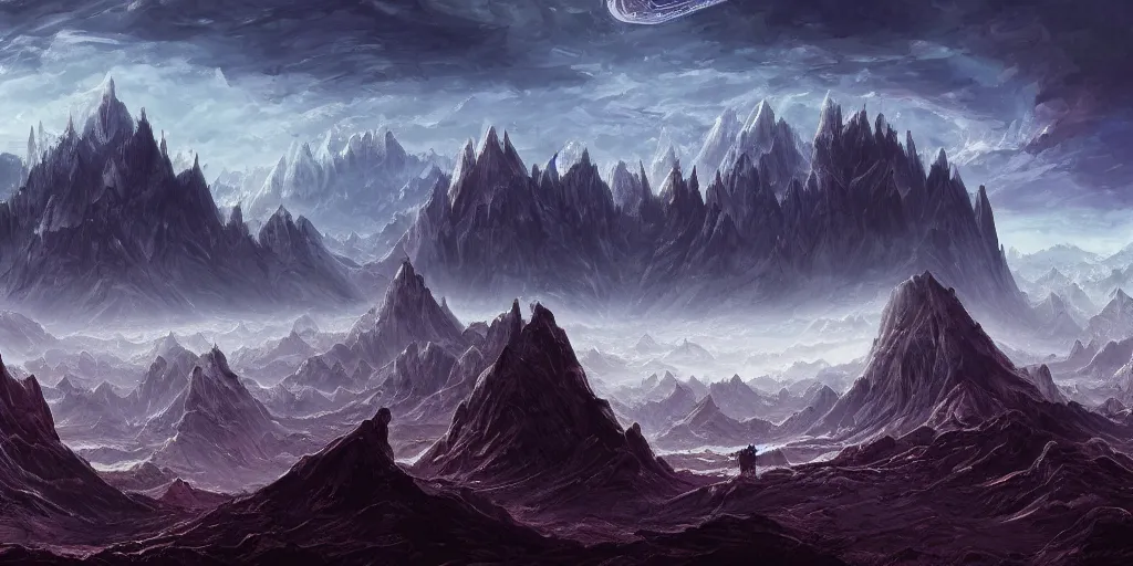 Prompt: The eldritch landscape with mountains in the background, Sci-Fi fantasy desktop wallpaper, painted, 4k, high detail, sharp focus