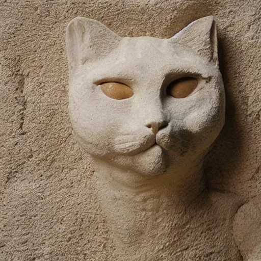 Prompt: close - up museum photo of an ancient limestone clay statue of a cute cat, with letter ה!!! on its head, clay, hebrew, israel, studio lighting, professional, promo,