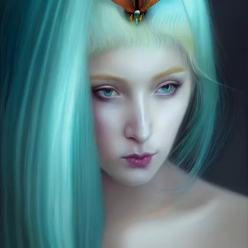 Prompt: portrait of girl with pale teal hair, luna moth, uniquely beautiful, fantasy, intricate, elegant, dramatic lighting, emotionally evoking symbolic metaphor, highly detailed, lifelike, photorealistic, digital painting, artstation, concept art, smooth, sharp focus, illustration, art by John Collier and Albert Aublet and Krenz Cushart and Artem Demura and Alphonse Mucha