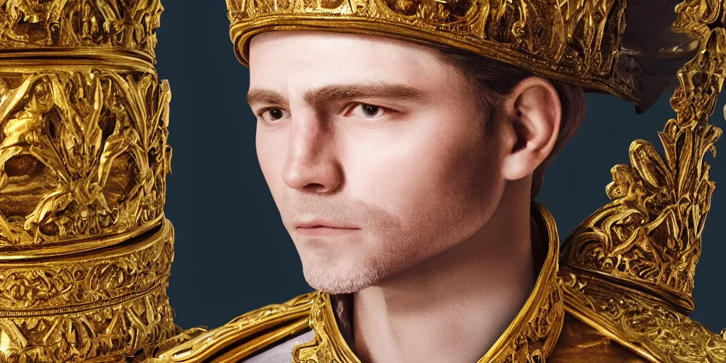 Prompt: realistic portrait of the future king with golden crowns and pretty eyes, ultra realistic, 8k