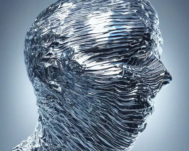 Image similar to a giant abstract sculpture of a human head wrapped in cling film, in the style of chad knight, award winning, cinematic, hyper - realistic, very detailed, realistic water splashes, ray tracing, 8 k resolution, long - shot, sharp focus, low angle, 8 5 mm photograph, wide lens