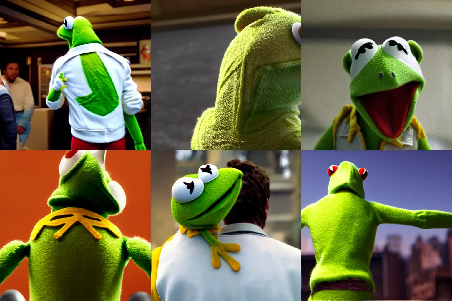 Prompt: kermit the frog wearing white jacket with yellow scorpio on his back like in Drive movie (2011), back view, cinematic, realistic