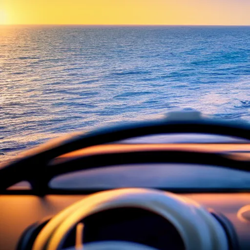 Prompt: movie still of a man driving a car into the ocean at sunset, golden hour