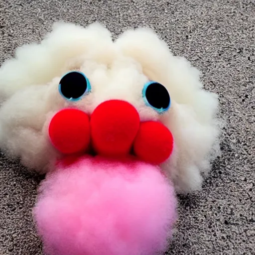 Prompt: photo of cotton candy that looks like a cute clown caterpillar